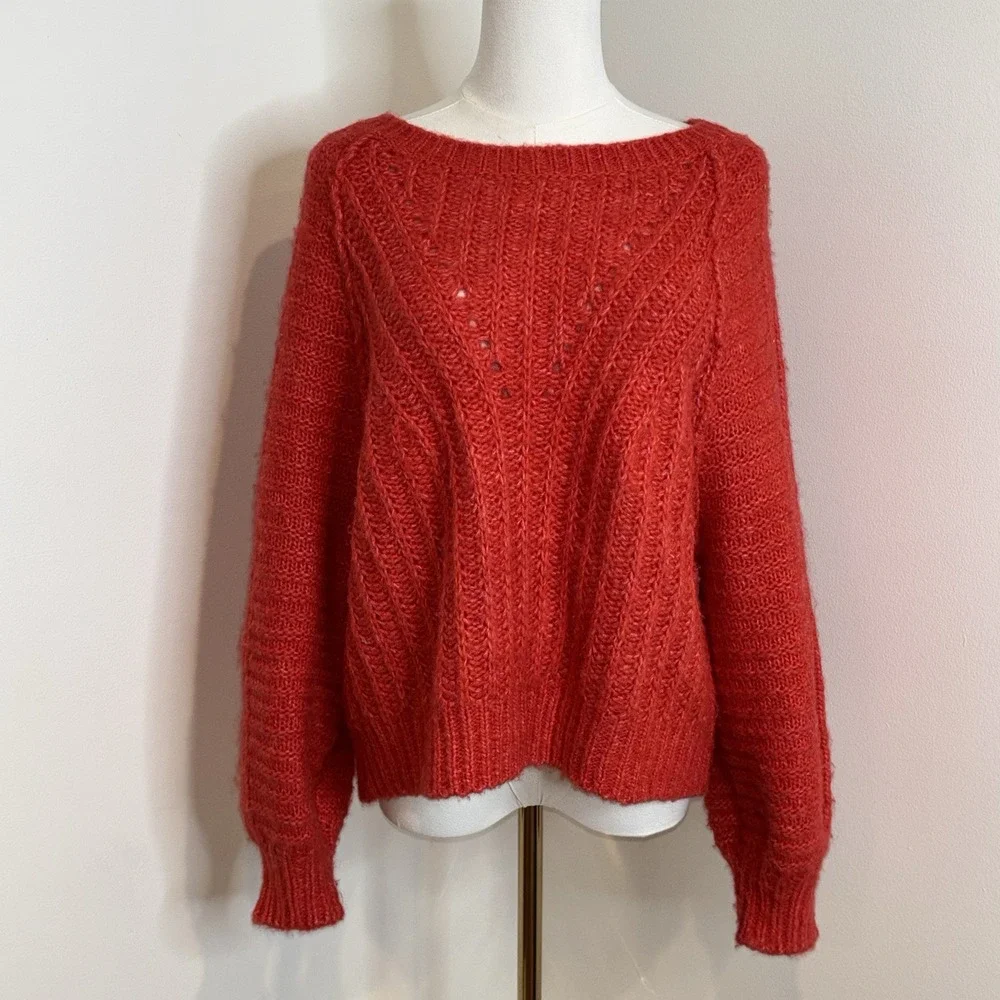 Free People Carter Fuzzy-Knit Pullover Sweater Red Hot OverSized Women's XS